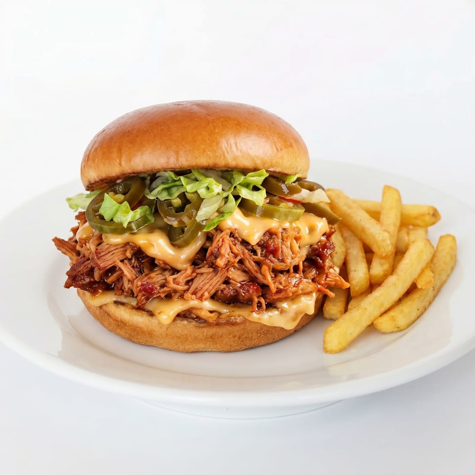 Pulled pork sandwich with cheese, jalapeños, and lettuce, served with a side of fries.