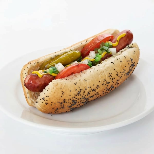 A Chicago-style hot dog with mustard, relish, onions, tomatoes, and peppers on a poppy seed bun.
