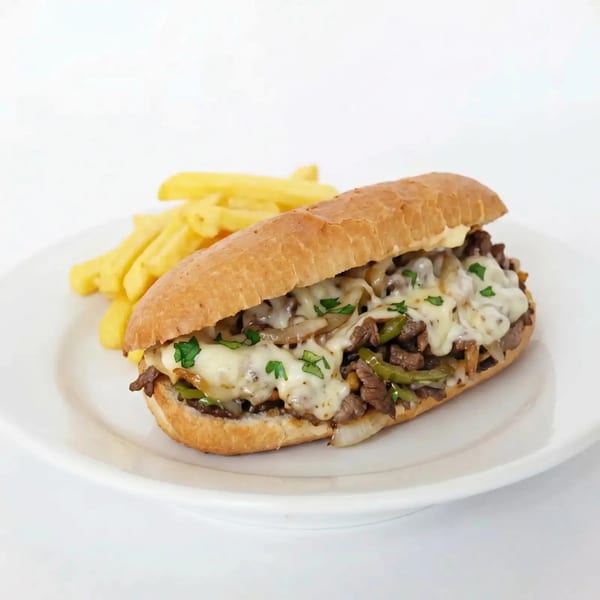 Cheesesteak sandwich with melted cheese, steak, onions, and peppers, served with fries on a white plate.