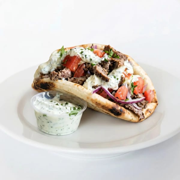 A gyro with meat, tomatoes, onions, and tzatziki sauce on pita bread, with a side of sauce.