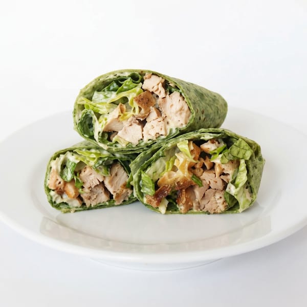 Three chicken Caesar salad wraps with green tortillas, cut in half and arranged on a white plate.