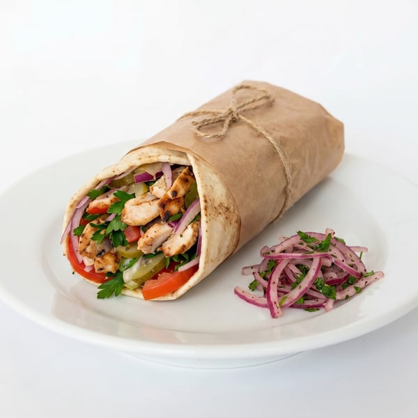 Chicken shawarma wrapped in pita bread and paper, served with a side of red onion salad.