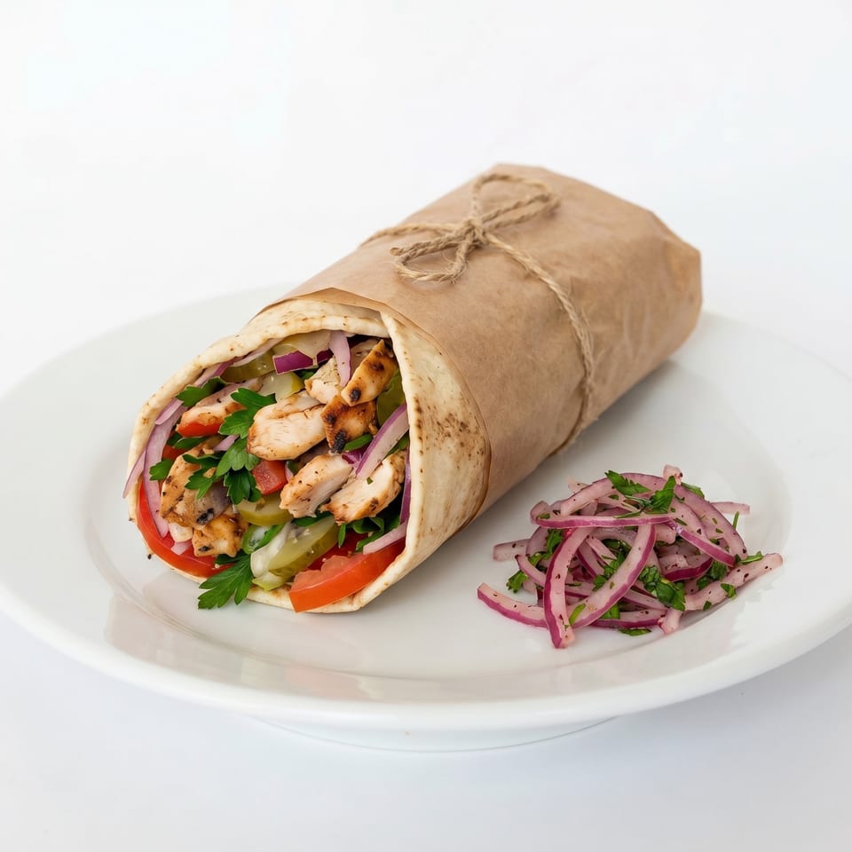 Chicken shawarma wrapped in pita bread and paper, served with a side of red onion salad.