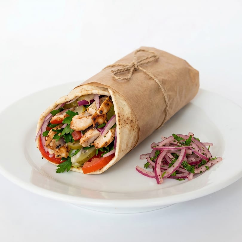 Chicken shawarma wrapped in pita bread and paper, served with a side of red onion salad.