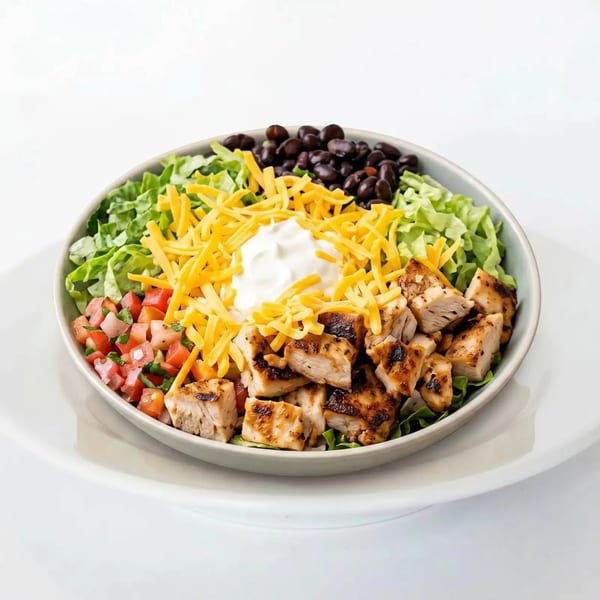 A bowl of grilled chicken, lettuce, black beans, pico de gallo, shredded cheese, and sour cream.
