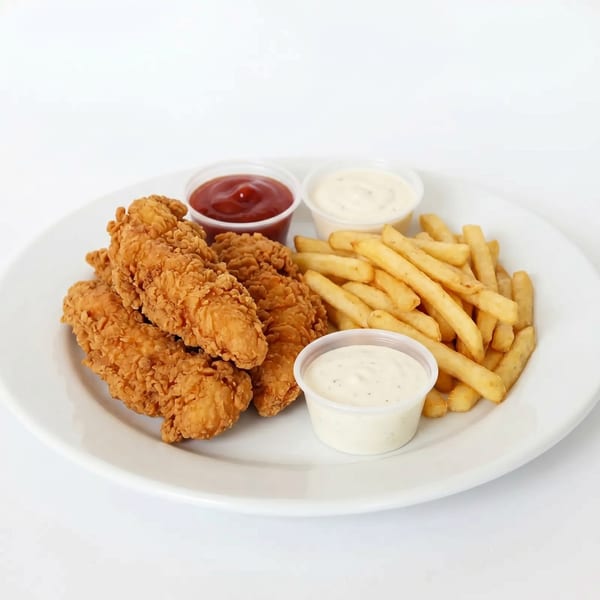 Crispy chicken tenders and golden french fries with ketchup and ranch dressing on a white plate.