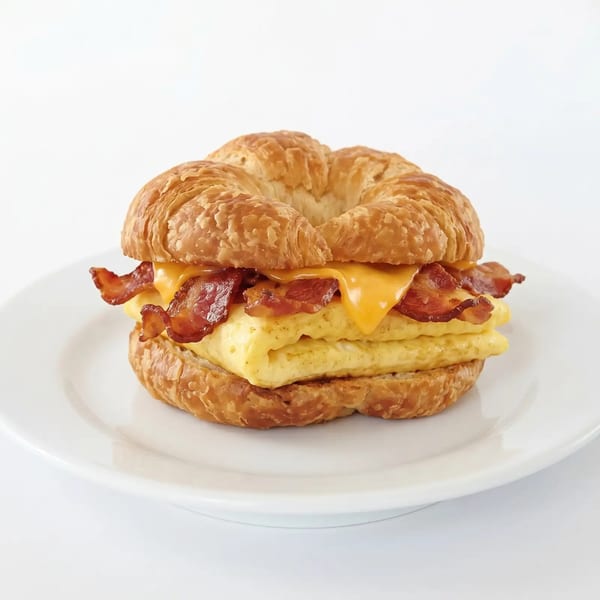 A breakfast sandwich with bacon, egg, and cheese on a croissant, on a white plate.