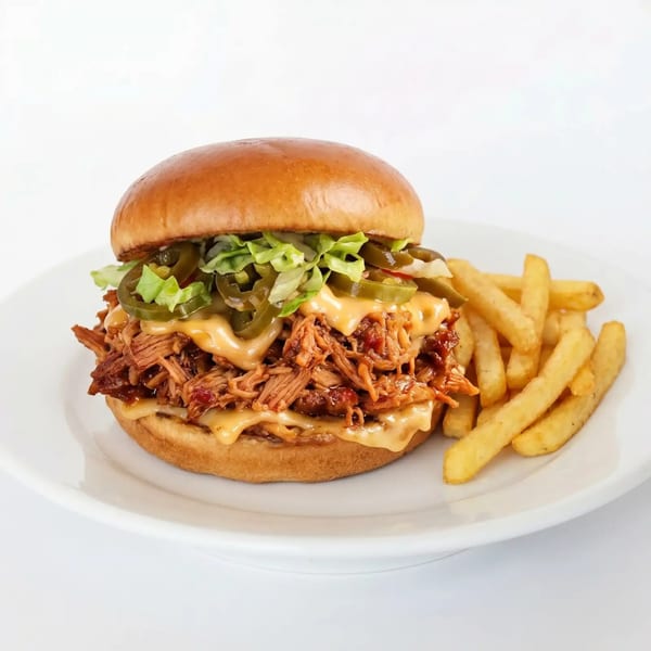Pulled pork sandwich with melted cheese, jalapeños, and lettuce, served with french fries.